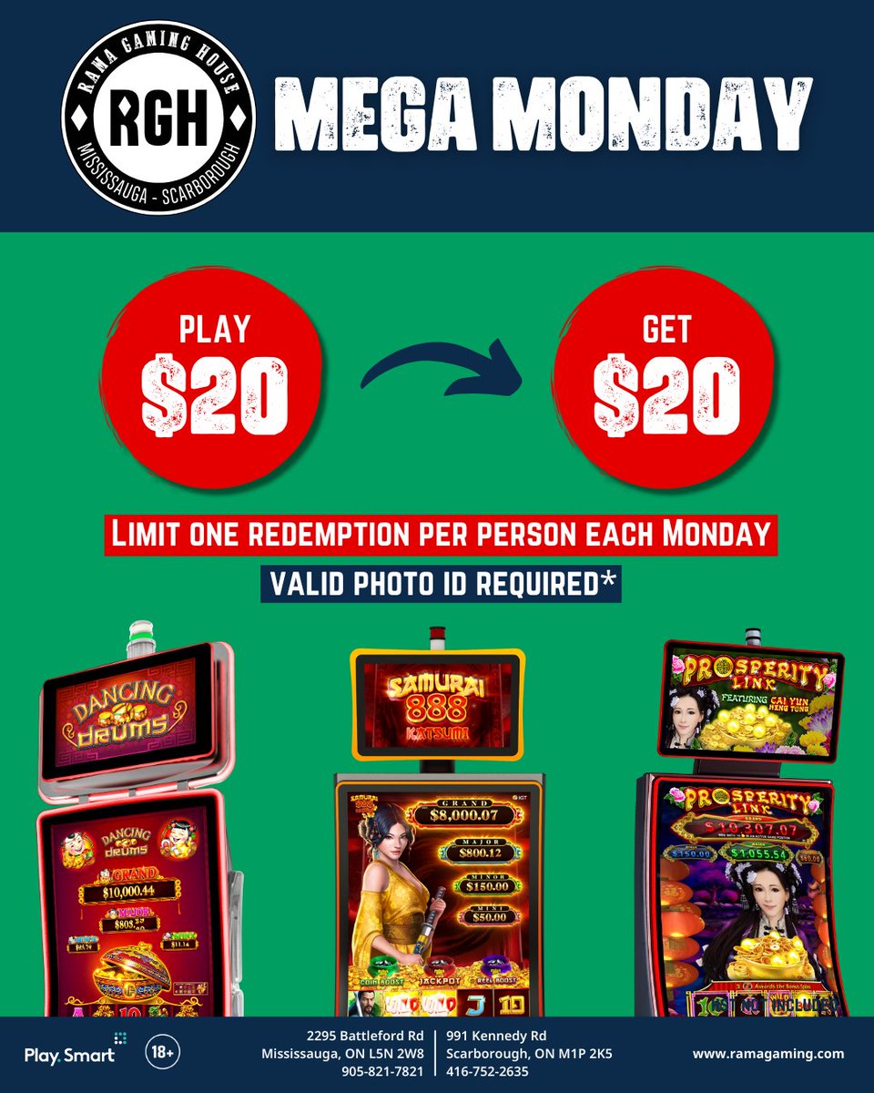 RamaGamingHouse's tweet image. Get ready for Mega Monday at RGH! Play $20, Get $20, and win up to $500 in our Wild Ball Bingo. Join us today at 4 PM &amp;amp; 6 PM. 🎉 

#Bingo #MegaMonday #RGH #Scarborough #Mississauga #PlaySmart