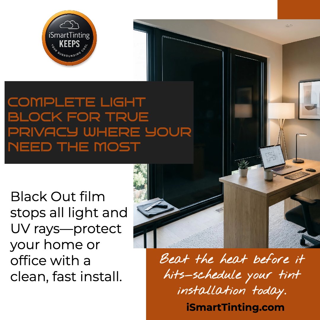iSmartTinting's tweet image. Want total privacy without the cost? Black Out film blocks 100% light &amp;amp; UV! 🏠✨ Book now! 🔗 ismarttinting.com #PrivacySolutions #WindowTinting