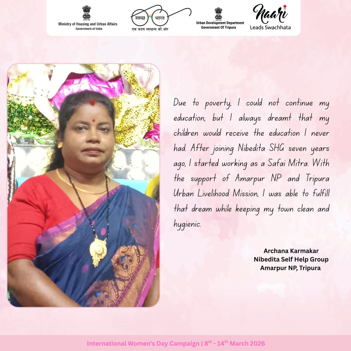 uddtripura's tweet image. #DigtitalSpotlight #Naarileadsswachhata
#SuccessStories
Meet Archana Karmakar, a member of the Nibedita Self Help Group under Amarpur Nagar Panchayat, who has turned her story of hardship into one of hope.
#IWD2026 #GiveToGain #WomenLedSanitation  @sbmurbangov @amarpurnp