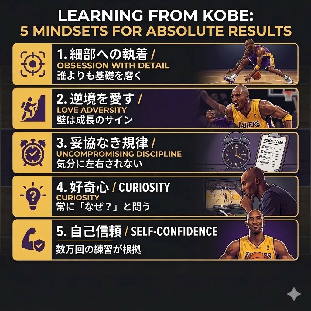 dunkman_yoshi's tweet photo. 【コービーに学ぶ結果を出す為に大事な事5選】

細部への執着：基礎を誰より磨く

逆境を愛す：壁は成長のサイン

妥協なき規律：気分に左右されない

好奇心：常に「なぜ？」と問う

自己信頼：数万回の練習が根拠

才能以上に「準備」が全て。 https://t.co/ngytQbPj5G