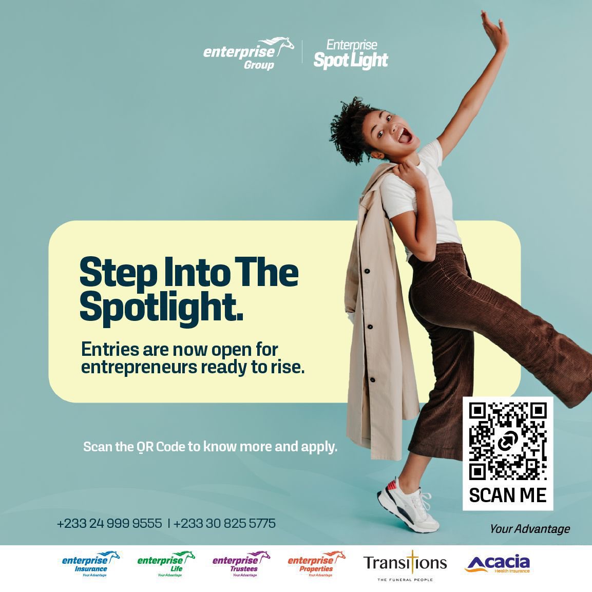 Don’t just be a spectator in the world of business. Be the main event. Apply for the Enterprise Spotlight. Scan the QR Code today. +233 24 999 9555 | +233 30 825 5775 #EnterpriseGroup #EnterpriseSpotLight