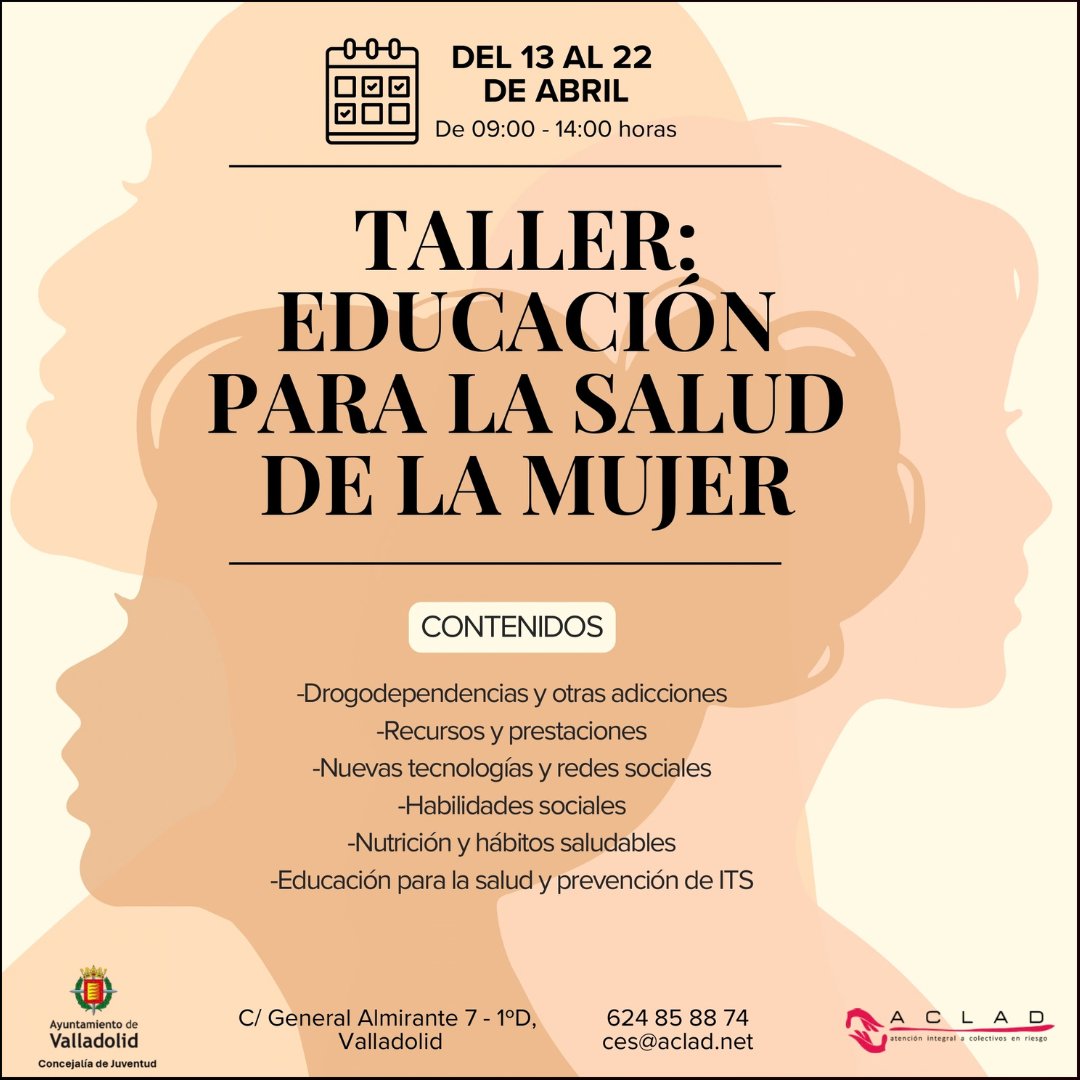 🔛Inscripciones abiertas para el ‘Taller de Educación para la Salud de la Mujer' 
🗓️Del 13 al 22 de abril, de 9 a 14h 
¡Si estás interesada, ponte en contacto con nosotros!
▪️ Colabora el <a href="/AyuntamientoVLL/">Ayto. de Valladolid</a>
👀🔗aclad.net/participa-en-e…
#ACLAD
#formación 
#Valladolid
#InclusiónSocial