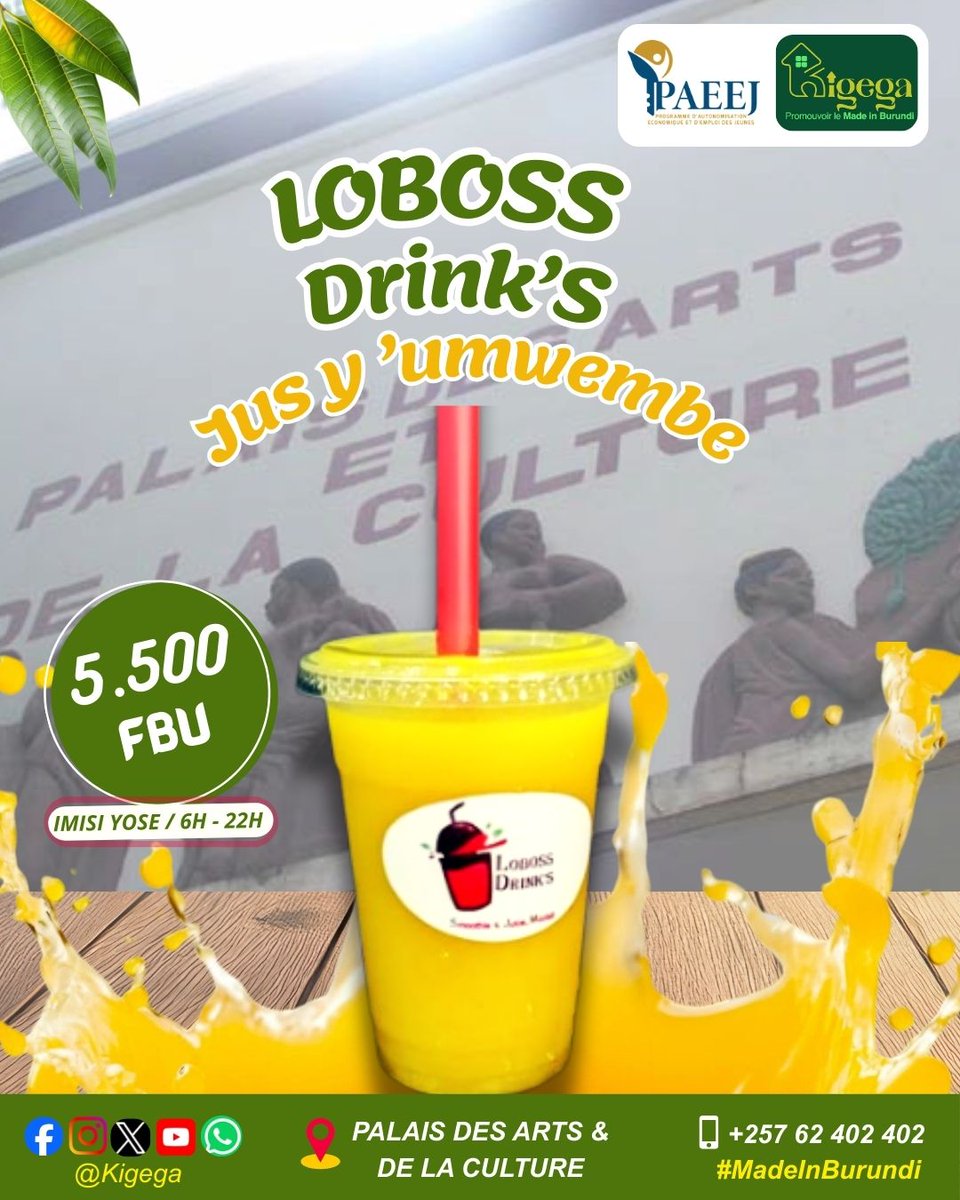 🍹 Mugire indwi nziza n’umutobe "LOBOSS DRINK'S" uvuye mu mwembe!

📌 Mushobora kuwusanga muri Centre Commercial <a href="/Kigega_/">KIGEGA</a> imisi yose kuva 06h gushika 22h...

#MadeInBurundi #Burundi