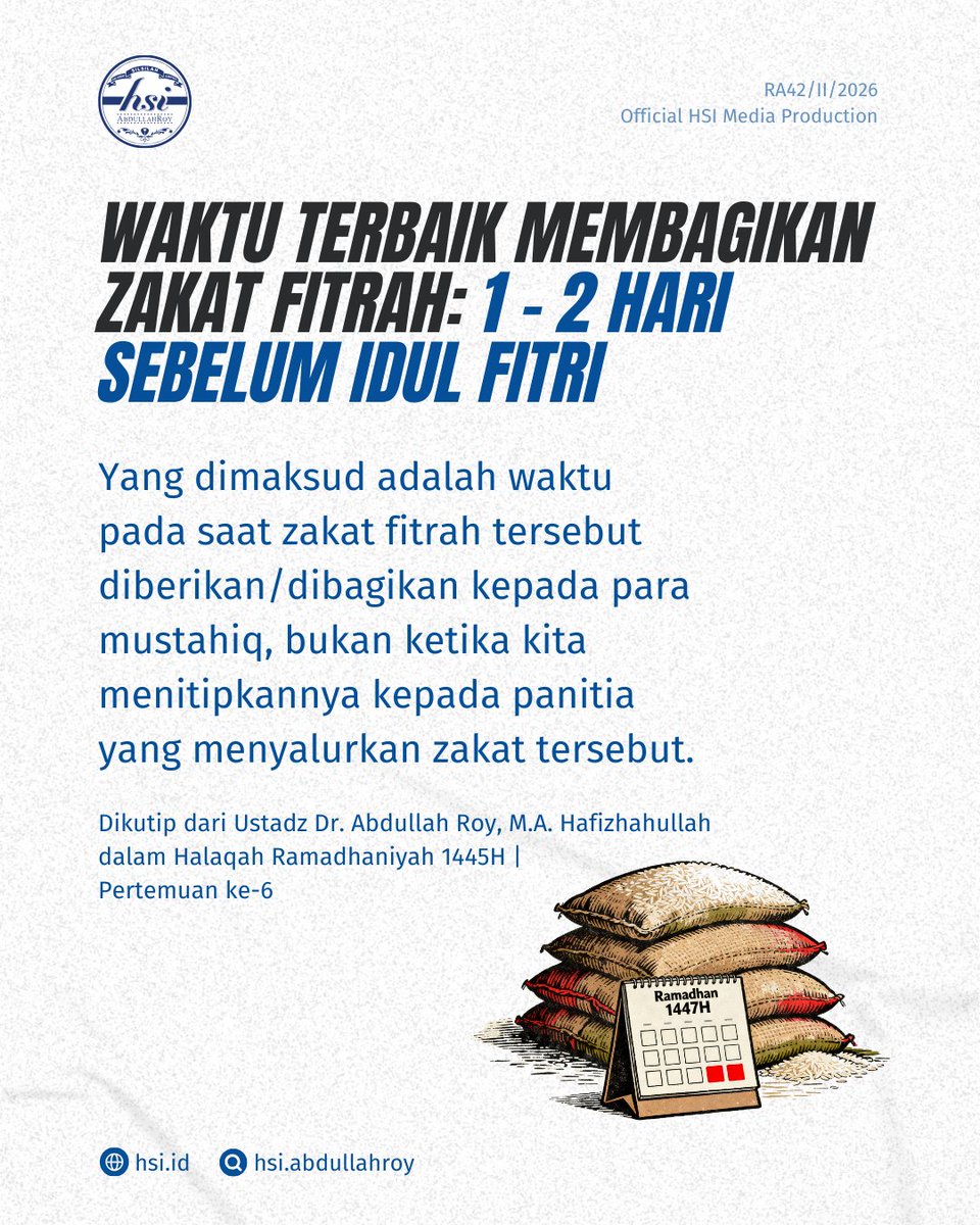 hsiabdullahroy's tweet photo. Kalau kita mau menyalurkan sendiri zakat fitrah (tidak menitipkan ke panitia zakat), maka pastikan waktunya sesuai dengan yang ditentukan syariat ya. https://t.co/N9NEQavyib