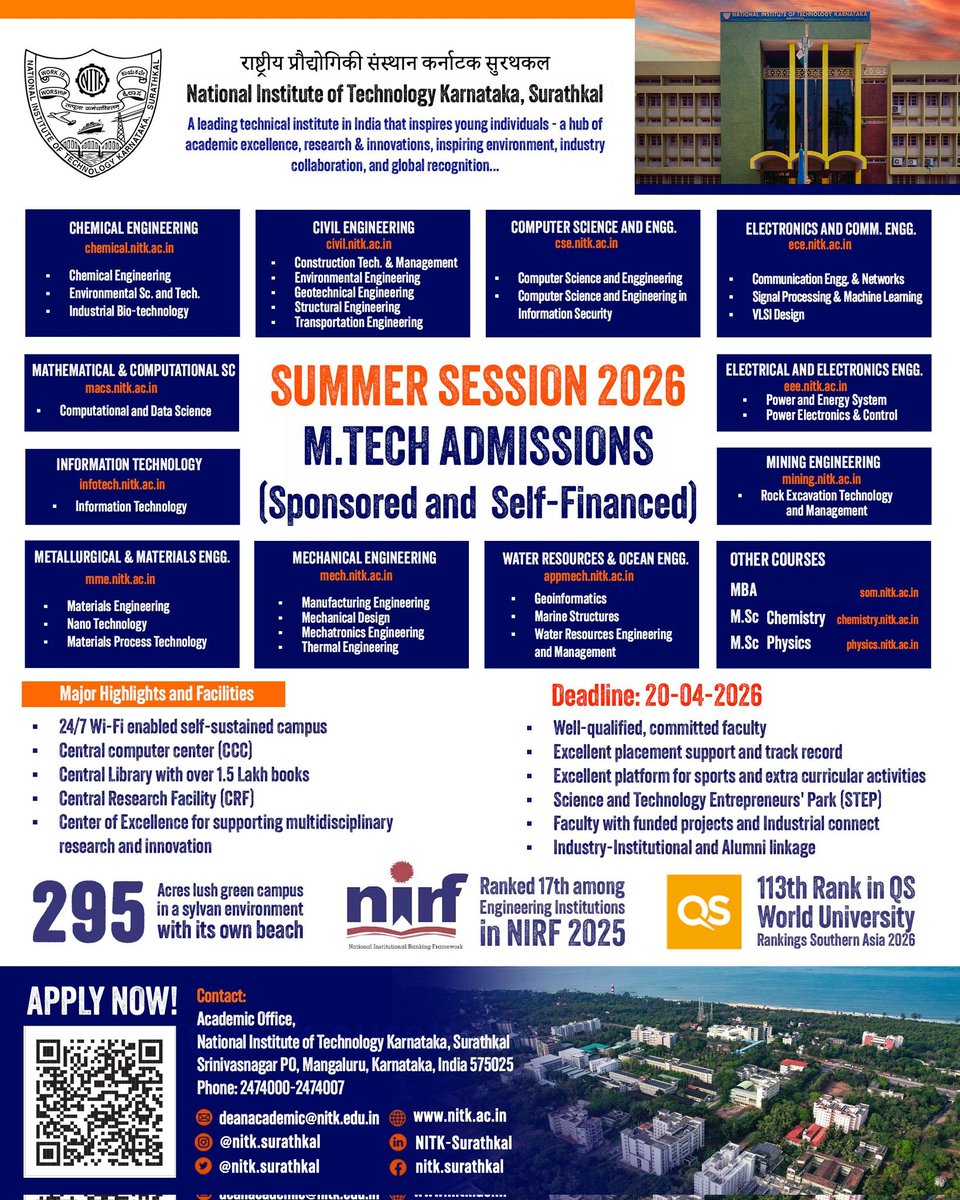 surathkal_nitk's tweet photo. Admissions Open: https://t.co/cRyeA5Mwu2 (Research), https://t.co/cRyeA5Mwu2 (Sponsored), and Ph.D. Programs at NITK Surathkal – Summer Session 2026-27
 Apply now: https://t.co/svf5jBcYoZ  
📌 Deadline: 20 April 2026 (online), 24 April 2026 (hard copy)

#ApplyNow #NITKSurathkal https://t.co/UOj4BQHP38