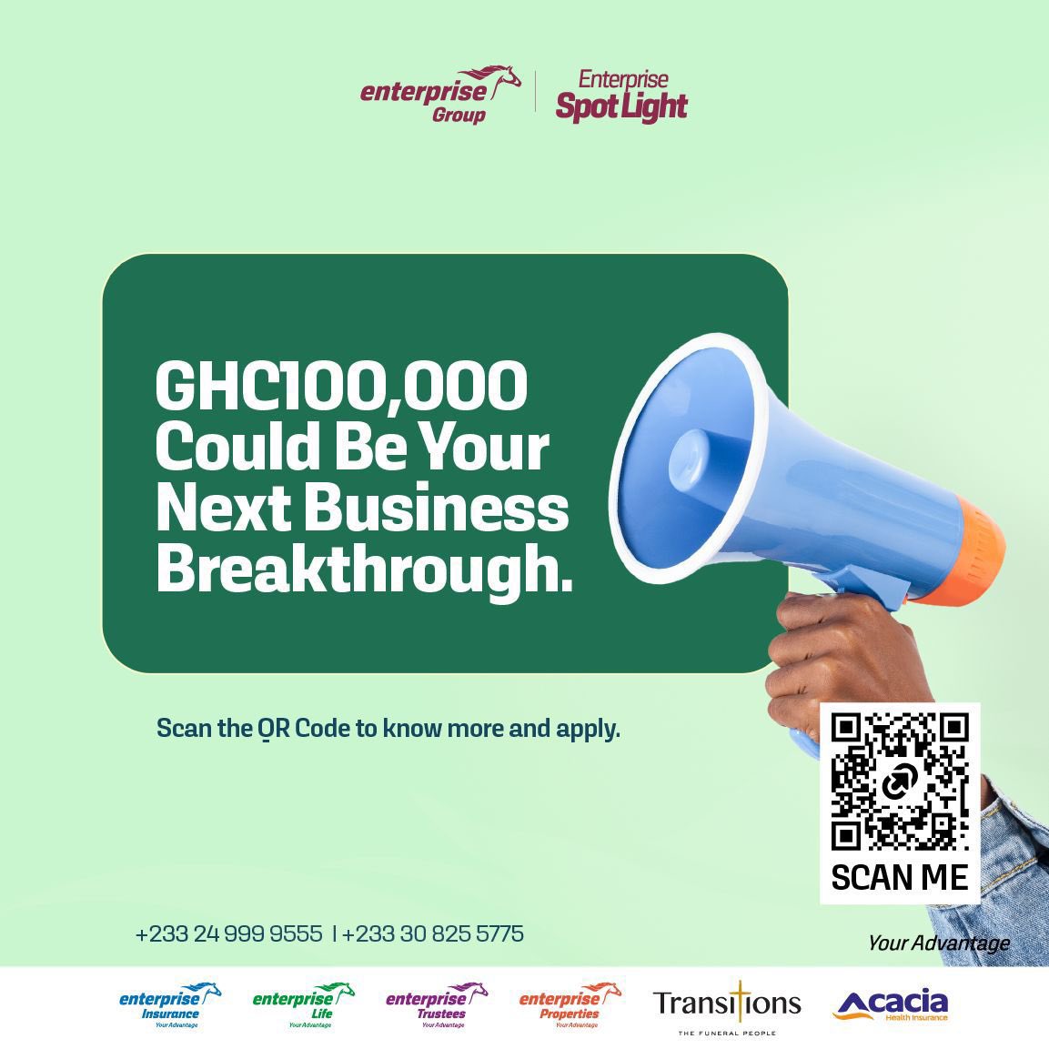 The stage is set and the spotlight is shining on entrepreneurs with bold visions. Be part of the experience by watching the live stream.
🔗: youtube.com/live/CyDmVRyIm…
Scan the QR Code for more information.
+233 24 999 9555 | +233 30 825 5775
#EnterpriseGroup #EnterpriseSpotLight