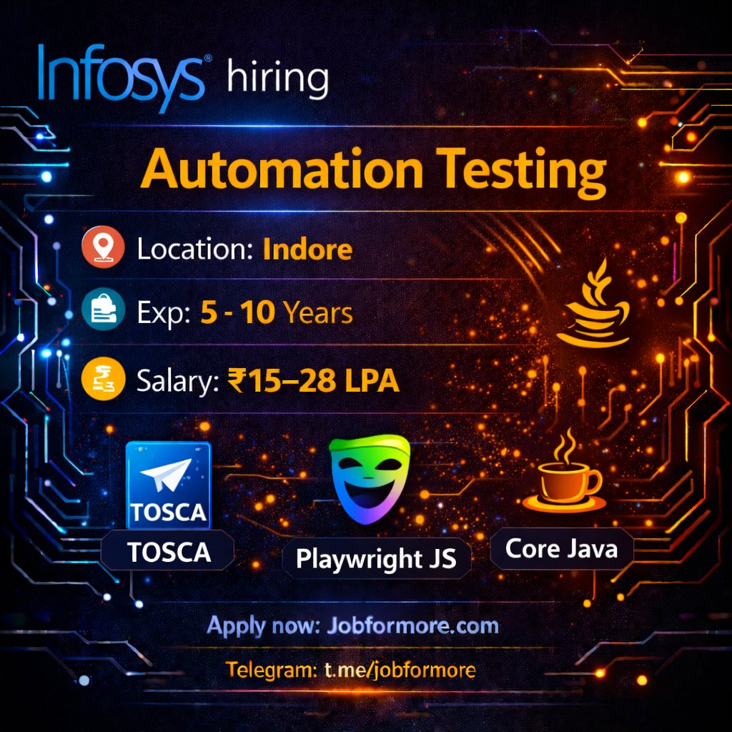 jobformore's tweet photo. 🧪 Automation Testing @ Infosys, Indore!
🎓 Bachelor of Engineering | 5-10 Years
🔥 TOSCA, Playwright JS, Core Java
💰 INR 15–28 LPA
Lead QA excellence! ✅
#Testing #Infosys #IndoreJobs #QA #Jobformore
Apply: https://t.co/6YNwVWzTvq https://t.co/Ys5J69DSvj