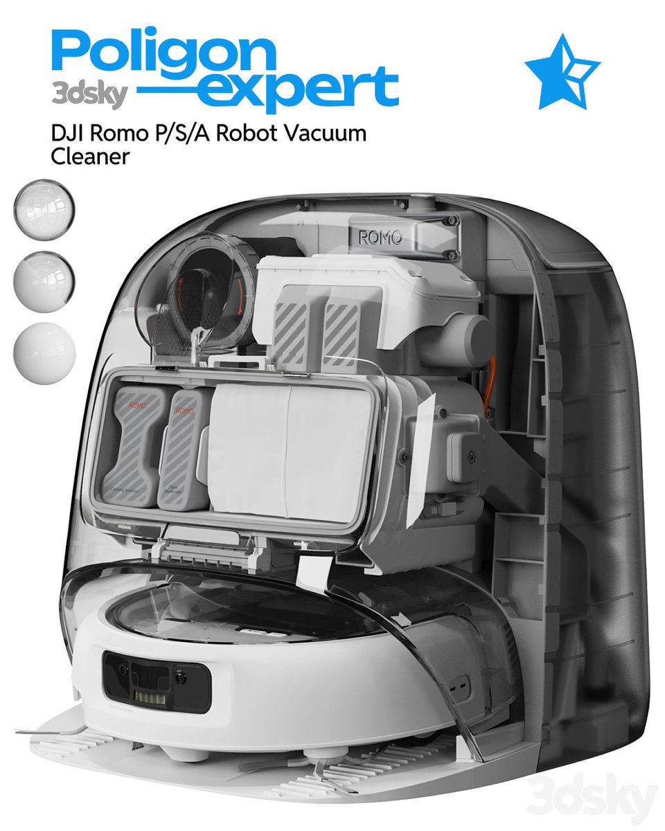 3dskyOrg's tweet photo. New Polygon Master on 3dsky 🏆

DJI Romo robot vacuum series — three versions (P / A / S) with a highly detailed docking station and clean topology: https://t.co/bxruAS9UuL
Compatible with Corona and V-Ray.

Congrats to the author 👏 https://t.co/Yexwu0UvPC