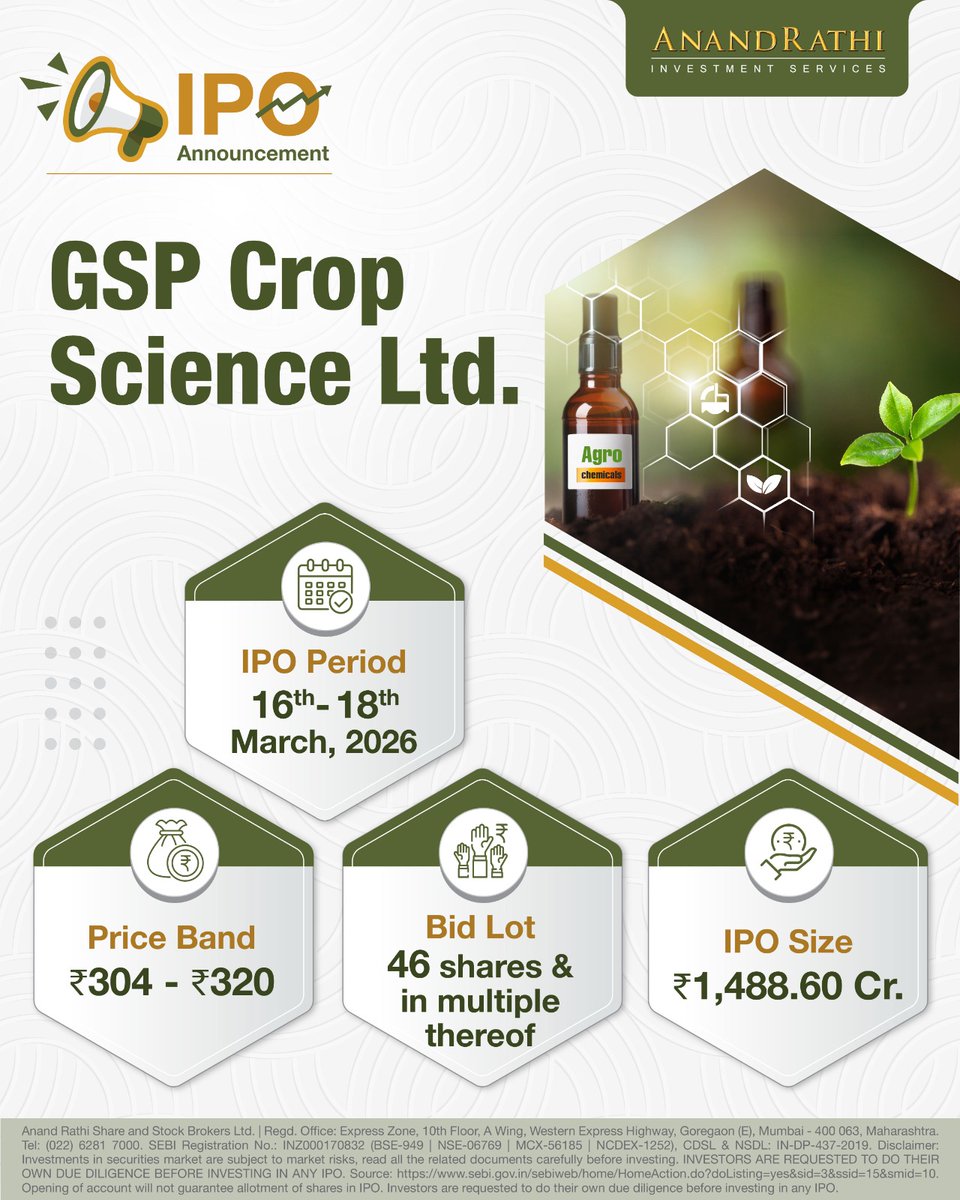 rathi_online's tweet image. 📢 IPO Announcement

GSP Crop Science Ltd. IPO opens from 16th to 18th March 2026.

Price Band: ₹304 – ₹320
 Lot Size: 46 shares &amp;amp; multiples thereof
 Issue Size: ₹1,488.60 Cr.

#IPOAnnouncement #GSPCropScience #IPO2026