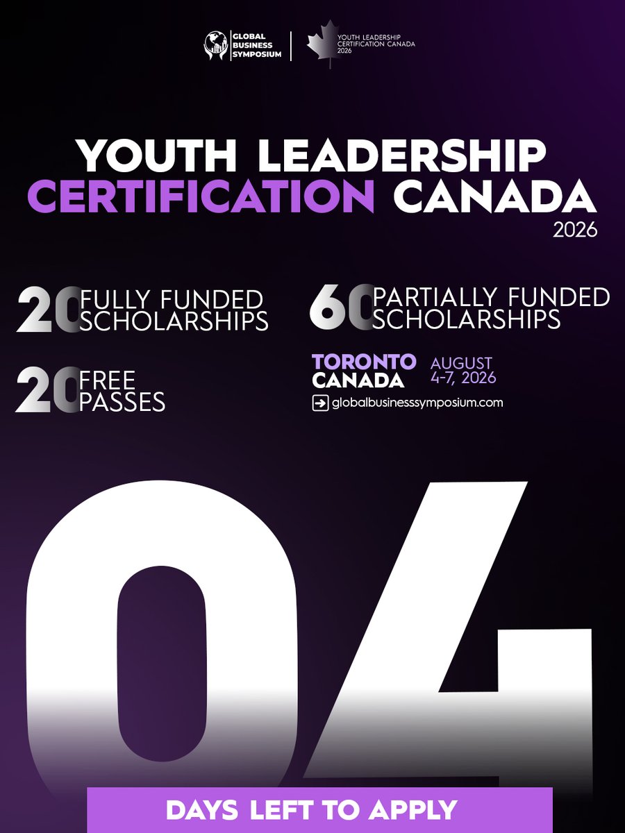 Gbs_Symposium's tweet photo. Only 4 Days Left!
Join Youth Leadership Certification Canada 2026 in Toronto (Aug 4–7).
20 Fully Funded | 60 Partially Funded | 20 Free Passes
Comment to get the application form!
#YouthLeadershipCertification
#GlobalBusinessSymposium https://t.co/0yVgQ9tmZf