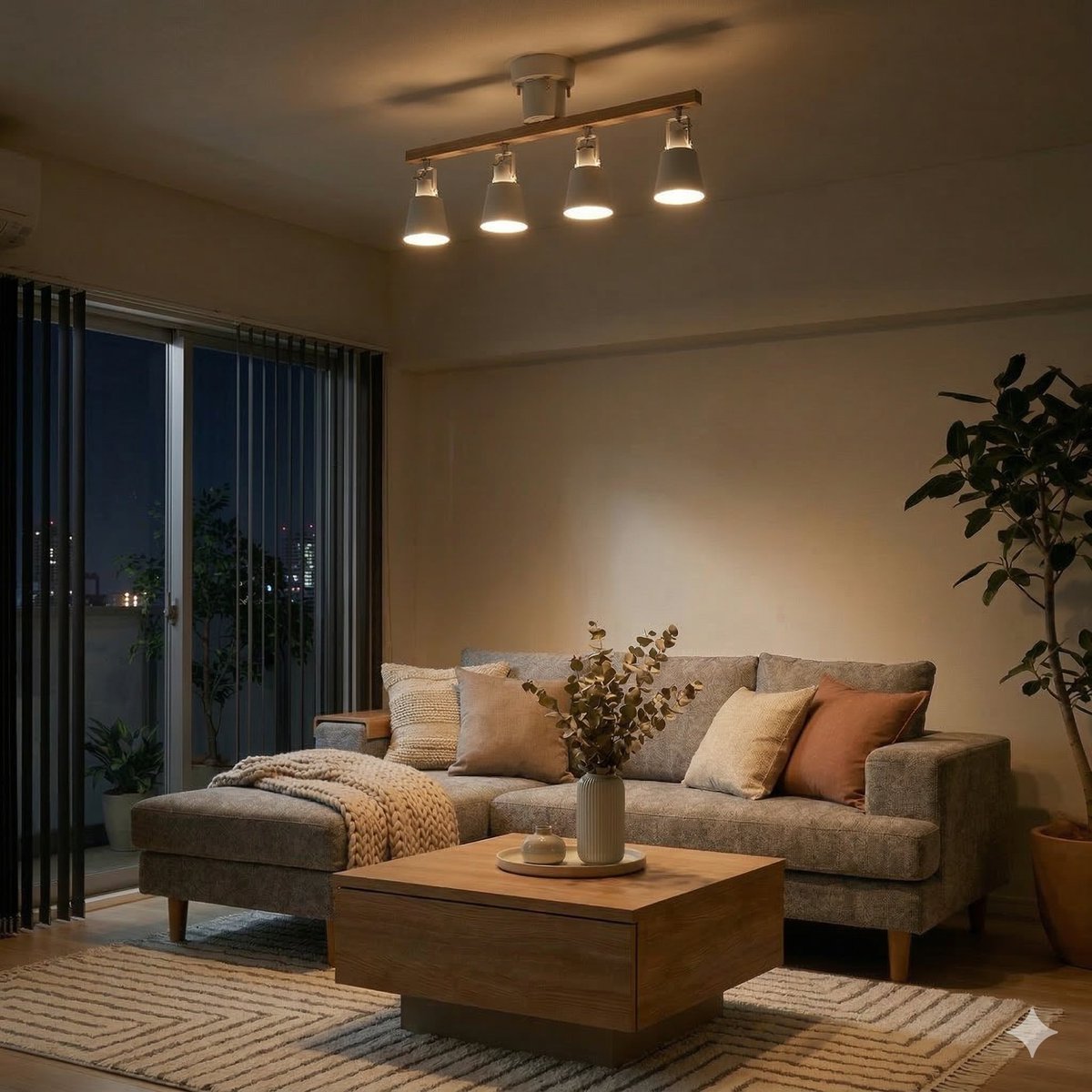 ⇦昼 夜⇨ 照明だけで部屋の質感が変わる。 ⇦昼 夜⇨ 照明だけで部屋の質感が変わる。