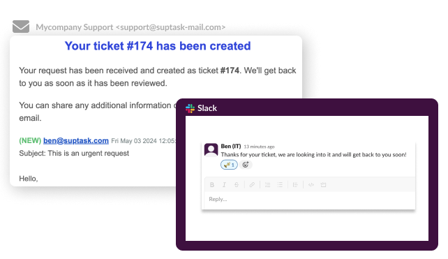 suptask's tweet photo. Slack for teams, email for users = unified ticketing. Suptask syncs email and Slack so teams work on tickets in Slack while users get seamless email replies. https://t.co/zi2qjv65kV https://t.co/4Wi44xapMc