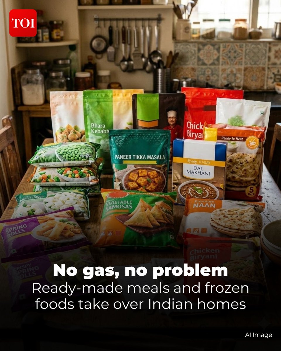 timesofindia's tweet image. The #MiddleEast conflict continues to boil, sending ripples through global oil supplies. As concerns rise over liquified petroleum gas (#LPG) shortages, Indian households are increasingly relying on ready-to-cook meals, frozen #snacks, and no-cook #foods. Retailers report a sharp