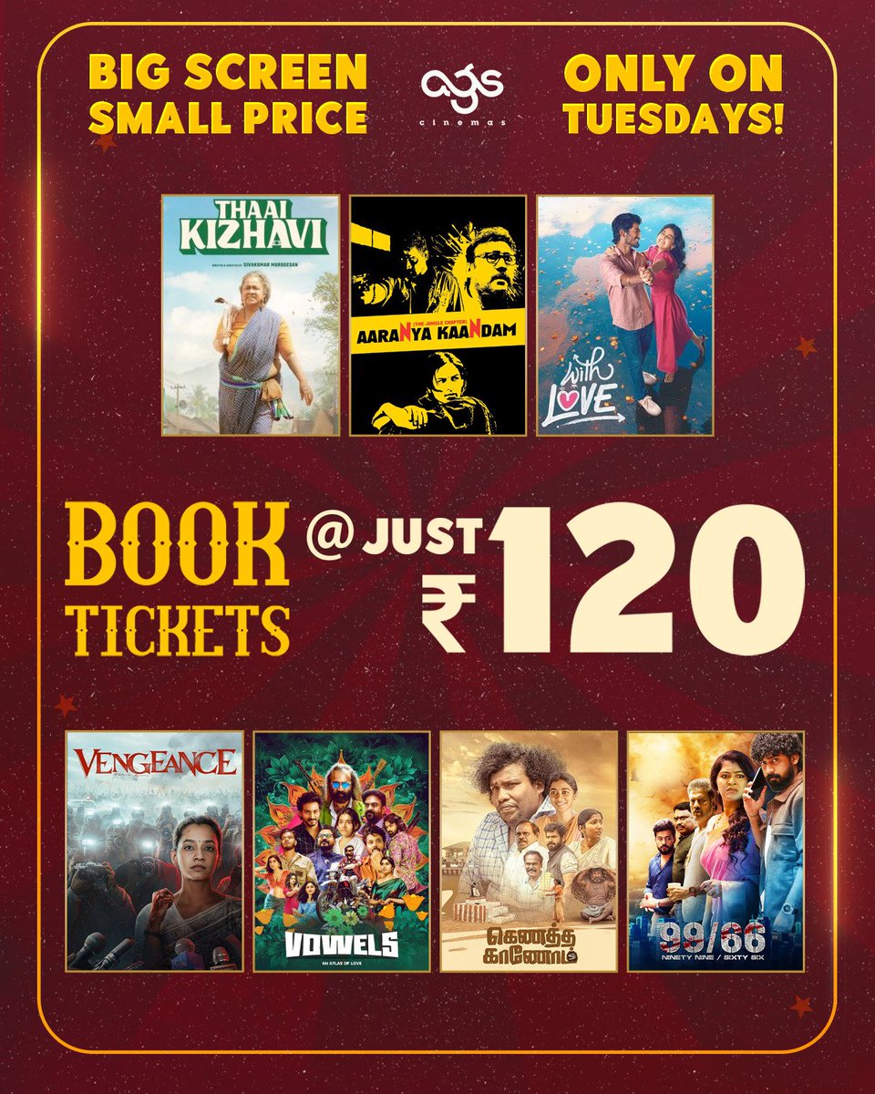 agscinemas's tweet image. This week’s Movie Mania Tuesday is packed with the complete entertainment mix 🔥

Book your tickets now 🎟️ 

🔗linktr.ee/agscinemasbook…

#ThaaiKizhavi #AaranyaKaandam #WithLove #AGSCinemas