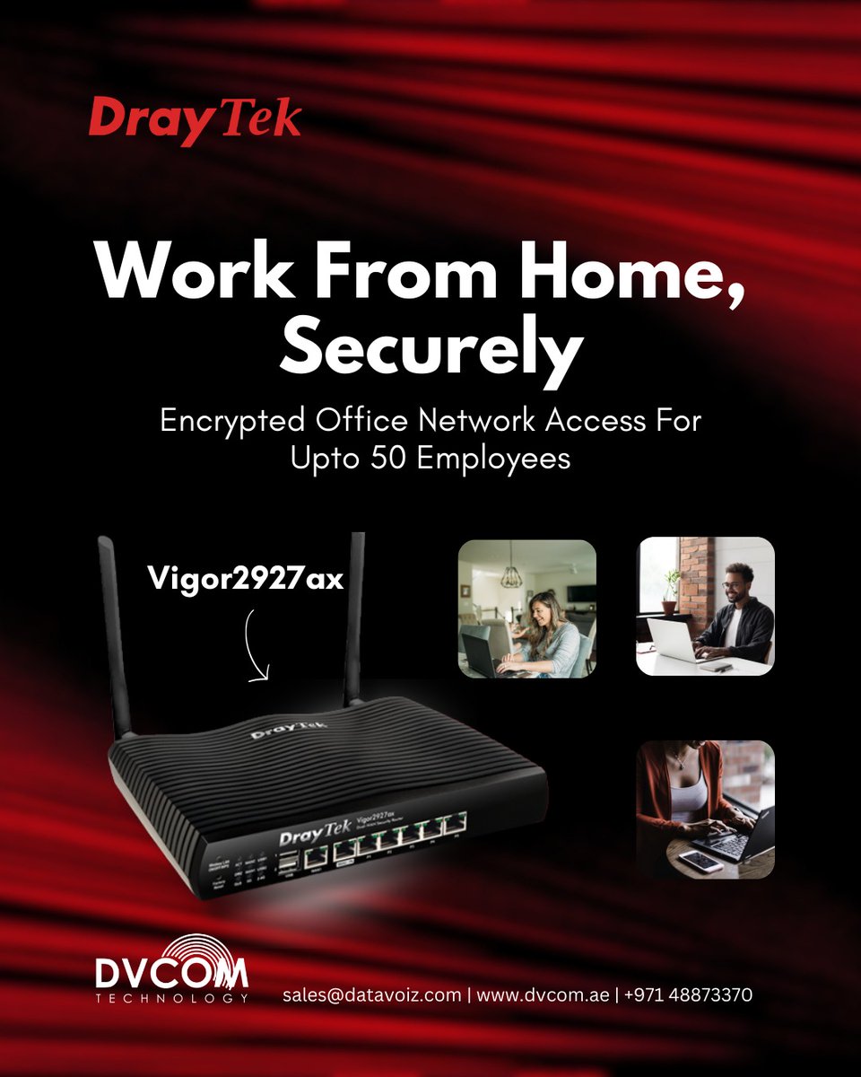 DvcomTechnology's tweet image. Work remotely without putting your business network at risk. The #DrayTek Vigor2927ax enables secure VPN access for remote teams.

Contact #DVCOM to know more:

🌐 dvcom.ae
📞 +971 4887 3370

#DVCOMTechnology #RemoteWork #VPN #Vigor2927ax