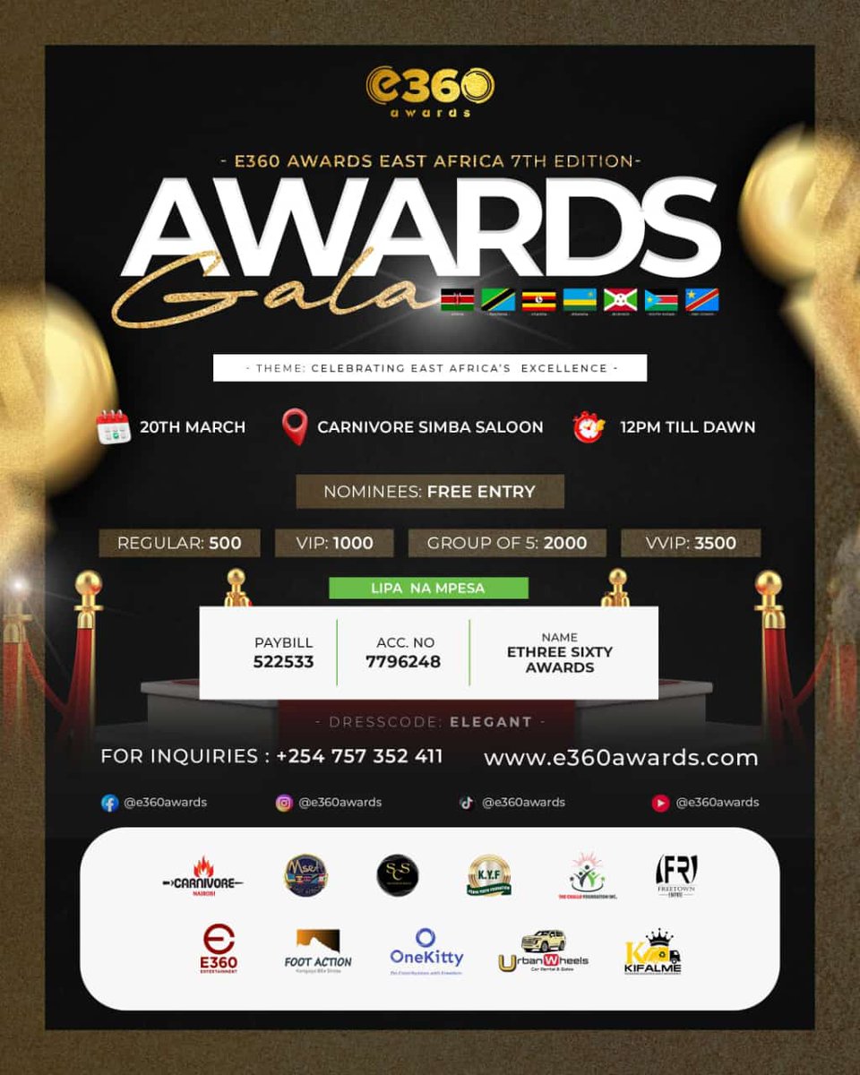 KYFYOUTHS's tweet photo. The E360 Awards East Africa 7th Edition Awards Gala is here. This is more than an event — it is a platform to be seen, connect, and celebrate excellence across East African.
Let's turn up and proudly represent a celebration of East Africa’s excellence, impact, and achievement. https://t.co/S2dcDC4zyU