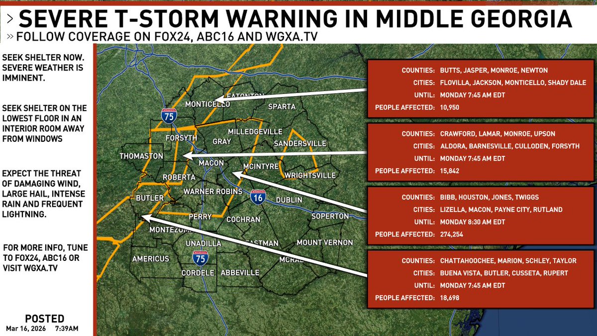 WGXAnews's tweet image. A new SEVERE T-STORM WARNING has been issued in Middle Georgia. Stay tuned to @WGXANews for updates. #gawx #gawxcond