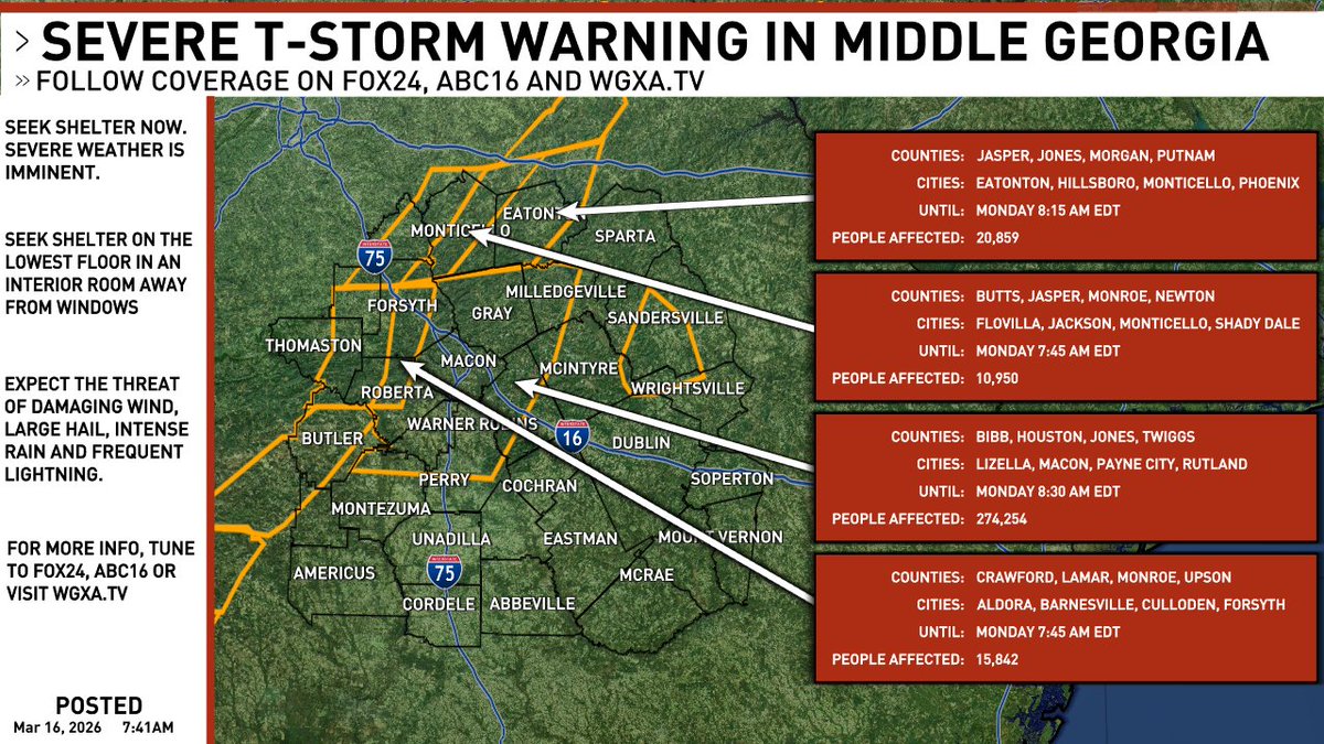 WGXAnews's tweet image. A new SEVERE T-STORM WARNING has been issued in Middle Georgia. Stay tuned to @WGXANews for updates. #gawx #gawxcond