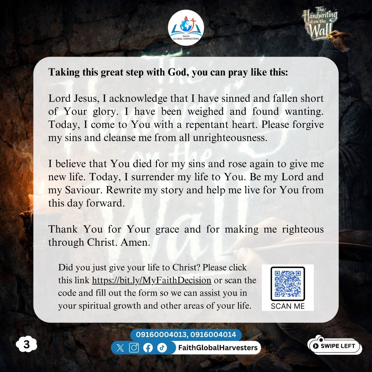 GlHarvesters's tweet photo. The handwriting was on the wall for King Belshazza and it changed everything. God weighed his life and found it wanting. 

What is the writing on the wall for you? Will you respond to Him today? 
Said Yes? 👉https://t.co/TEpxd8t7K7

#GlHarvesters #HandwritingOnTheWall
#JesusSaves https://t.co/OxsqivBzGg