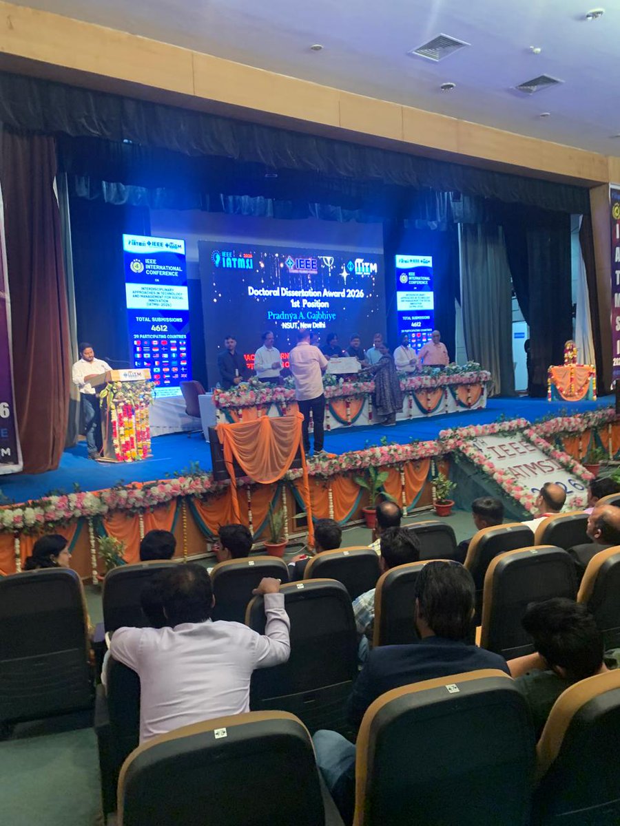 We are delighted to share that Dr. Pradnya Gajbhiye, Assistant Professor, Department of Computer Science and Engineering, IIIT Bhopal has been conferred the 1st Prize in the PhD Dissertation Award at the prestigious IEEE IATMSI 2026 conference held at Indian Institute of