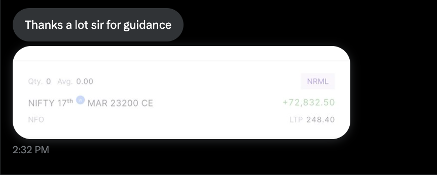 TweetOfTrader's tweet photo. #nifty 23200 CE from 128 to 318
ThankGod | Stay Blessed
#RiskManagement #TradingDiscipline #ProcessOverPrediction #StockMarket #Discipline #Budget #TradeSmart #nifty50 #nifty #StockMarketIndia #unionbudget #Stocktobuy #StockMarket #NiftyIt #Niftyenergy #NiftyPSU #Budget2026 #Budgetexpectations #Niftybank #usiranwar #niftyoptions