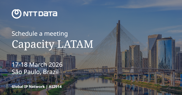 The Global IP Network team will attend the #CapacityLATAM Conference hosted by <a href="/capacitymedia/">Capacity</a> starting tomorrow in São Paulo, Brazil.

Please visit the <a href="/nttdata_inc/">NTT DATA, Inc.</a> stand in the exhibition area to learn more about our Tier-1 global IP backbone #AS2914 and premium IP services for