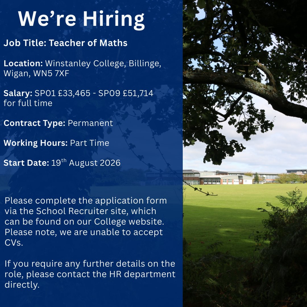 winstanleycoll's tweet photo. We’re Hiring: Teacher of Maths (0.8)

Winstanley College is looking for an enthusiastic Teacher of Maths to join our thriving department. This 0.8 role is a fantastic opportunity for a passionate educator to inspire students studying A-level Maths and Further Maths in a supportive and high achieving sixth form environment.

Key responsibilities include:

 • Delivering engaging and effective teaching across A-level Maths and 
 Further Maths
 • Planning and preparing lessons in line with curriculum and exam board 
 requirements
 • Assessing, tracking and reporting on student progress
 • Supporting students’ academic and personal development through 
 mentoring and guidance

At Winstanley, we are proud of our strong sense of community, high academic standards and commitment to helping every student reach their full potential. We offer a supportive team environment and excellent opportunities for professional development.

➡️ Find out more and apply here: 
https://t.co/92udFJiM5b