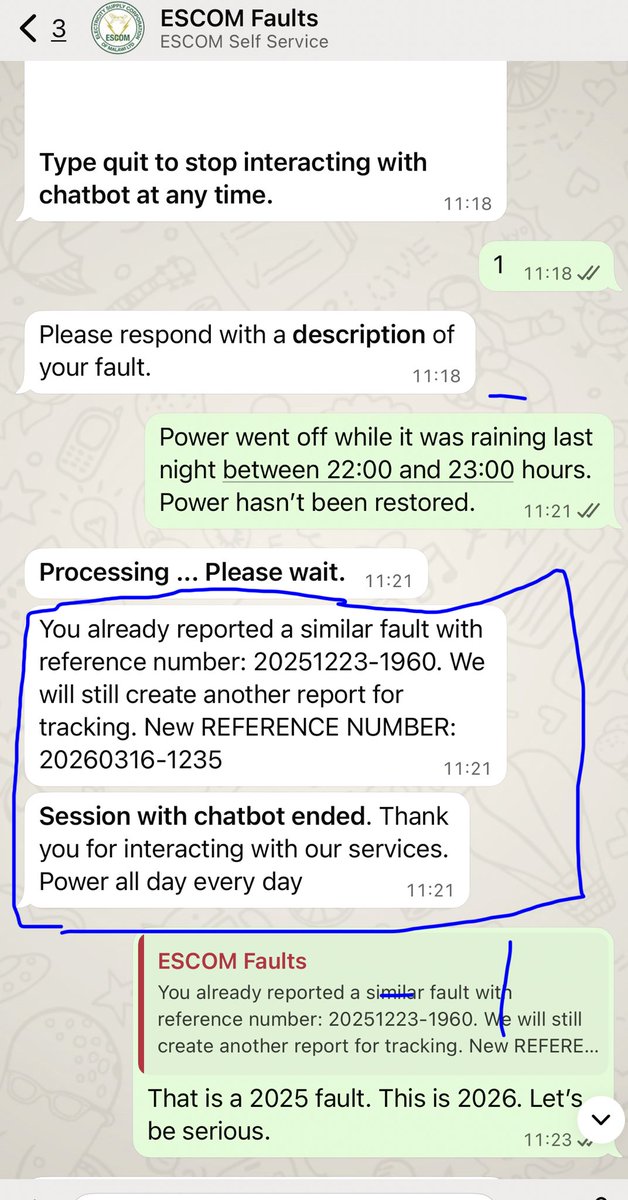 josmilner's tweet photo. Attempting to report power outage through ESCOM’s WhatsApp chatbot. The system can’t distinguish 2025 from 2026. The new reference number can’t be found in the system. https://t.co/fJ54DxNwfG