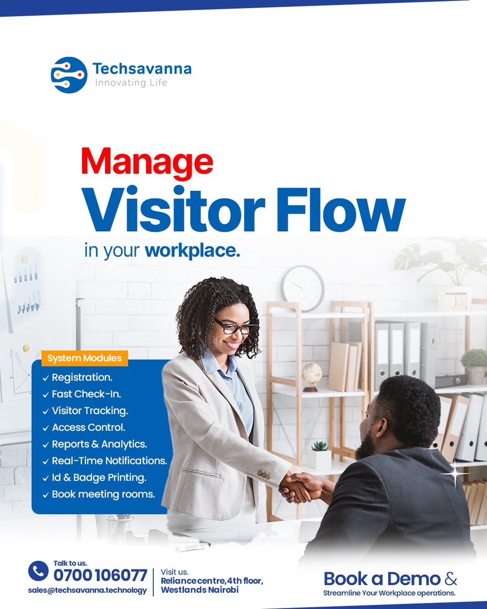 TechsavannaL's tweet photo. Streamline how you welcome and manage visitors with our Visitor Management System.🧑🏾‍💻
From seamless visitor registration and fast check-ins to real-time notifications, access control,and visitor tracking, our solution does it all.
#BusinessAutomation #technology #BusinessStrategy https://t.co/RN0xtrclUU