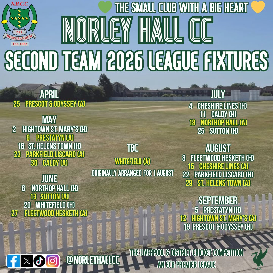 🟢🟡🏏 Second Team League Fixtures 2026 🟢🟡🏏

A reminder of our Second Team League fixtures for the 2026 season which begins on Saturday 25th April.

<a href="/keiron32957306/">keiron</a> and the team will also be in action prior to this in Friendly and Cup action:

11th April - <a href="/GGCCwigan/">Goose Green CC</a> (home)
