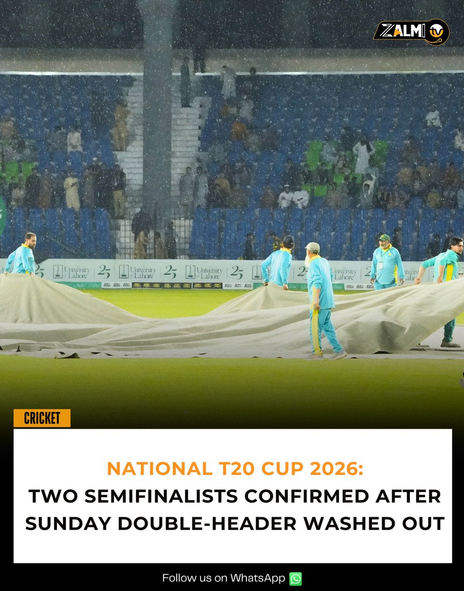 zalmitvlive's tweet image. Heavy rain washed out both Sunday matches, confirming Lahore Whites and Karachi Whites as the first two semifinalists of the National T20 Cup 2026. Both semi-finals will now be played in Peshawar on Tuesday.

#NT20 #Rain #Peshawar