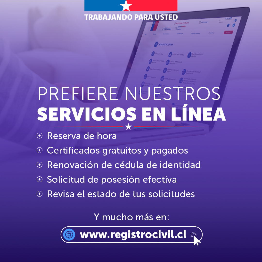 Si necesitas un certificado, reservar hora, revisar el estado de tramitación de tu cédula de identidad o pasaporte, sólo ingresa a Servicios en Línea en registrocivil.cl

#Iquique #AltoHospicio #PozoAlmonte #Pica #Huara #Colchane #Camiña