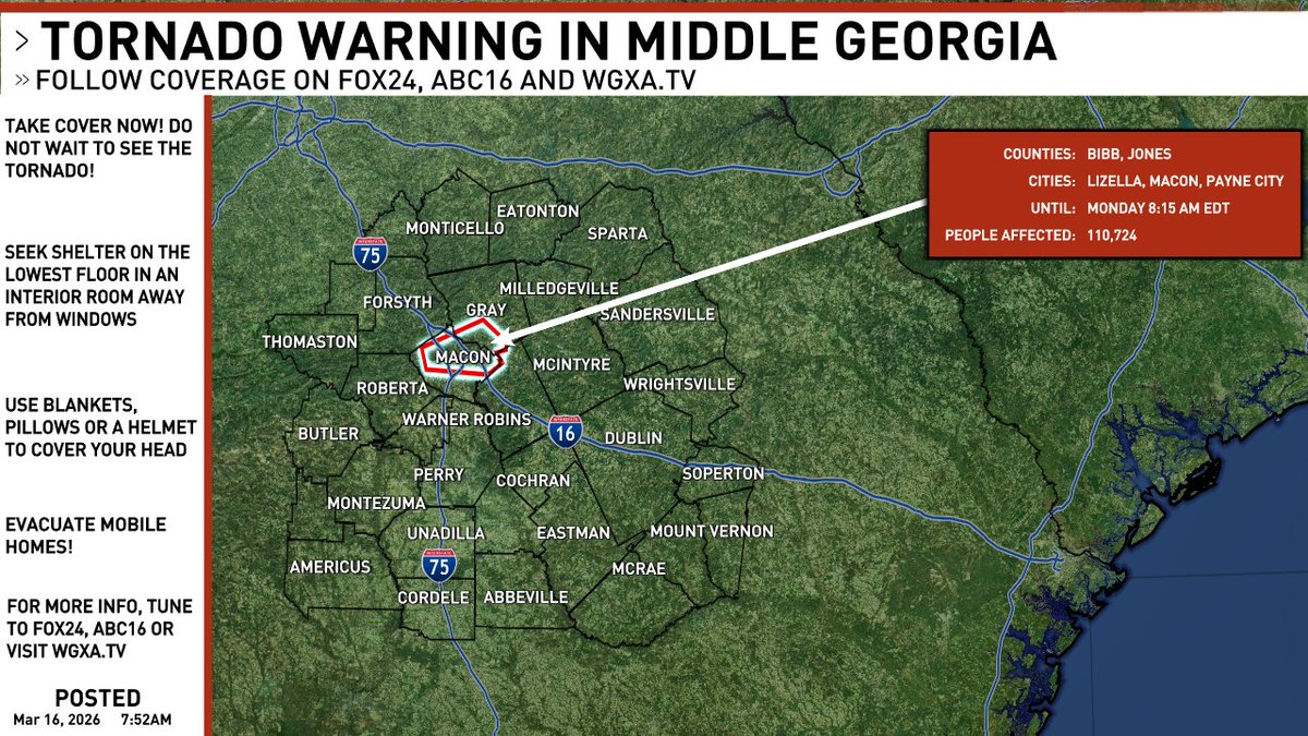 WGXAnews's tweet image. A new #TORNADO WARNING has been issued in Middle Georgia. Stay tuned to WGXA News for updates. #gawx #gawxcond