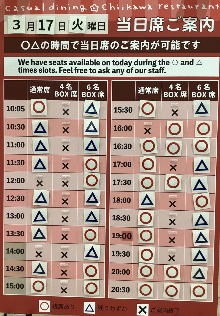#ちいかわレストラン 沖縄PARCO CITY店🌺

3/17（火）当日券のご案内

○△の時間でカフェの当日券をご用意しております🍒
ご希望のお客様は店頭スタッフへお声がけくださいませ☺️
なお、予定枚数に達し次第終了となりますので予めご了承くださいませ🙇‍♀️