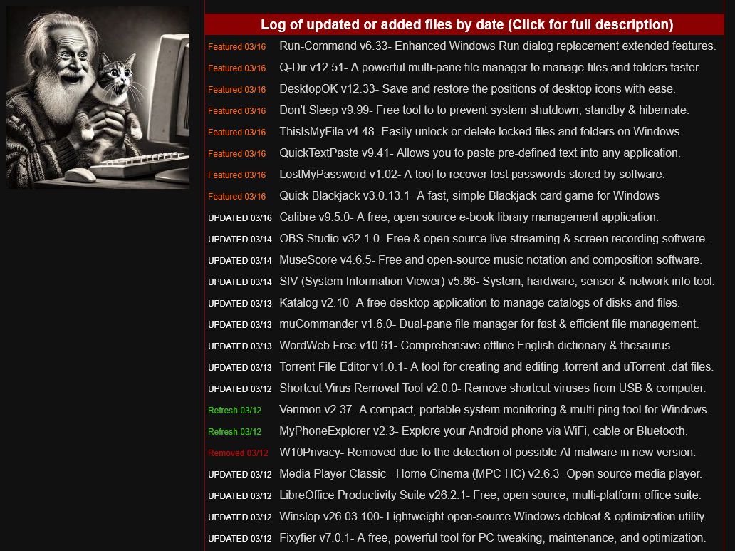 GeekOnTheLoose's tweet image. Another Monday...
Another gob of free software.
Today's list of free/clean software 
from OlderGeeks.com
No ads - no crapware - no b.s. since 2008! 
Missouri Ozarks, USA

#FreeSoftware #computers #software