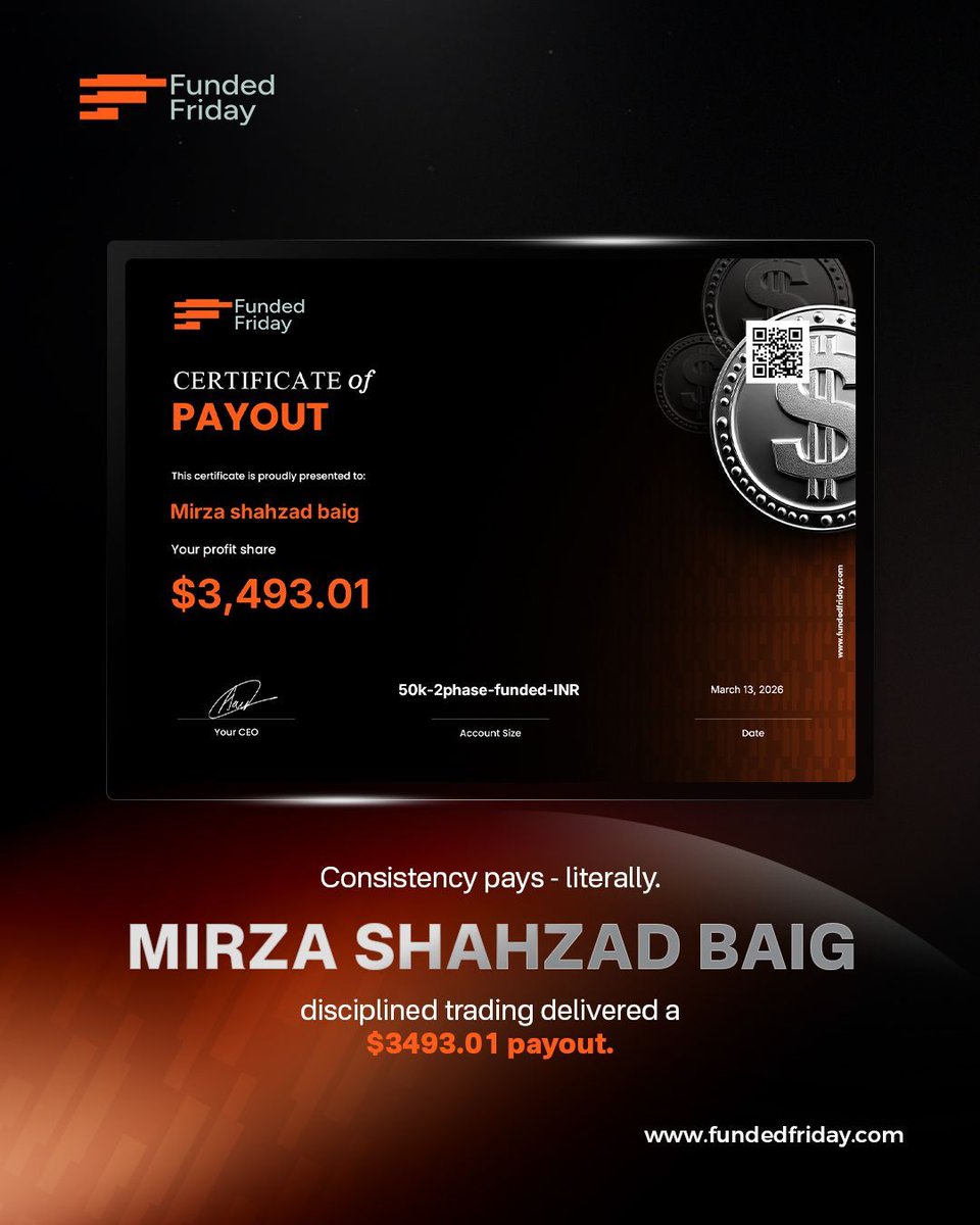 Fundedfriday's tweet photo. Another strong week at FundedFriday. ๐ธ
Several traders just secured their 3rd payout.
Discipline executed.
Payouts delivered.
Next Friday could be yours.
๐ https://t.co/OfFWKartJg
#FundedFriday #FridayPayouts #FundedTrader #TraderSuccess #Friday #GetFunded #PropTrading https://t.co/BN3ZJWlYMQ