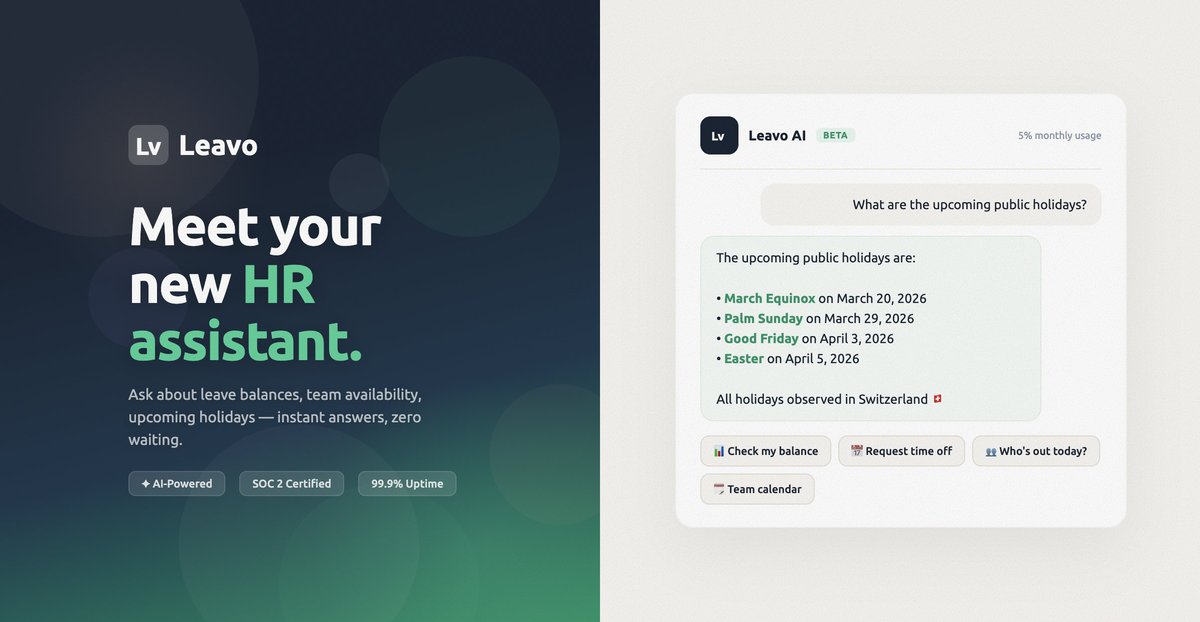 cappsulesoft's tweet image. With leavo.com AI Assistant, you can request time off or get info all hands-free or simply by chat ! Just ask and let the Assistant handle the rest. Your leaves are just a command away! 🙌✨ #AIAssistant #WorkSmart #TimeOff