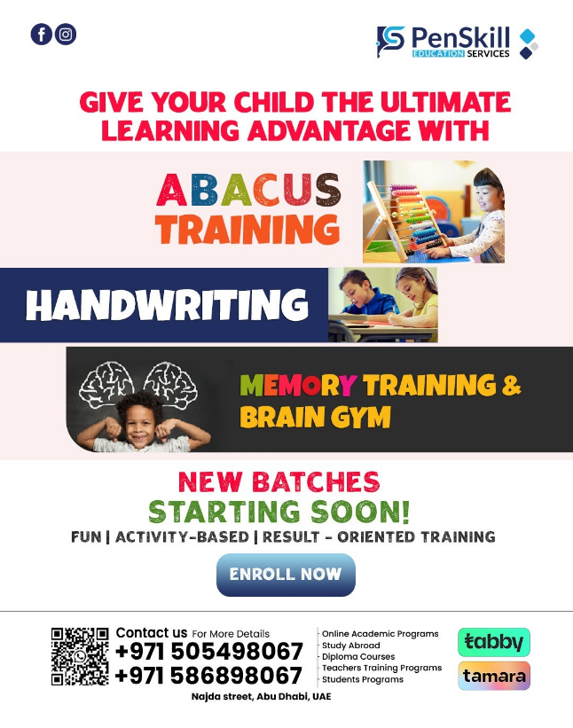 PenskillME's tweet photo. 🎓 Best Kids Skill Development Classes in Abu Dhabi

Abacus | Handwriting | Memory Training
✔ Improve focus
✔ Boost confidence
✔ Faster learning
🎁 FREE Trial Class Online and Offline

📍 Najda Street, Abu Dhabi
📞 +971 505498067

#Abacus #handwriting  #fypシ゚viralシfypシ゚ https://t.co/VLlPnl85ub