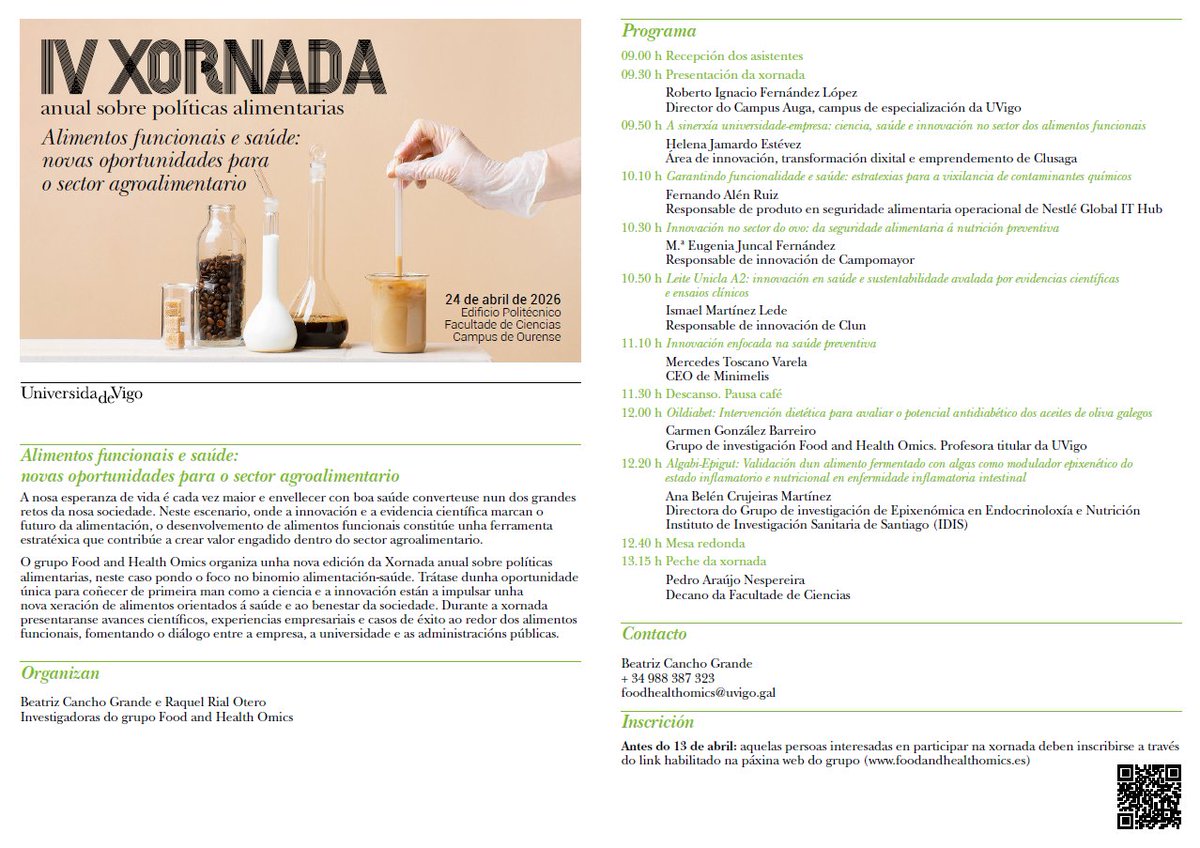 OmicsFood's tweet photo. Este ano a xornada está titulada "Alimentos funcionais e saúde: novas oportunidades para o sector agroalimentario". Pretende ser un punto de encontro e debate para todos os actores da industria alimentaria: estudantes, investigadores, administración pública e profesionais. https://t.co/p3iURahFtK