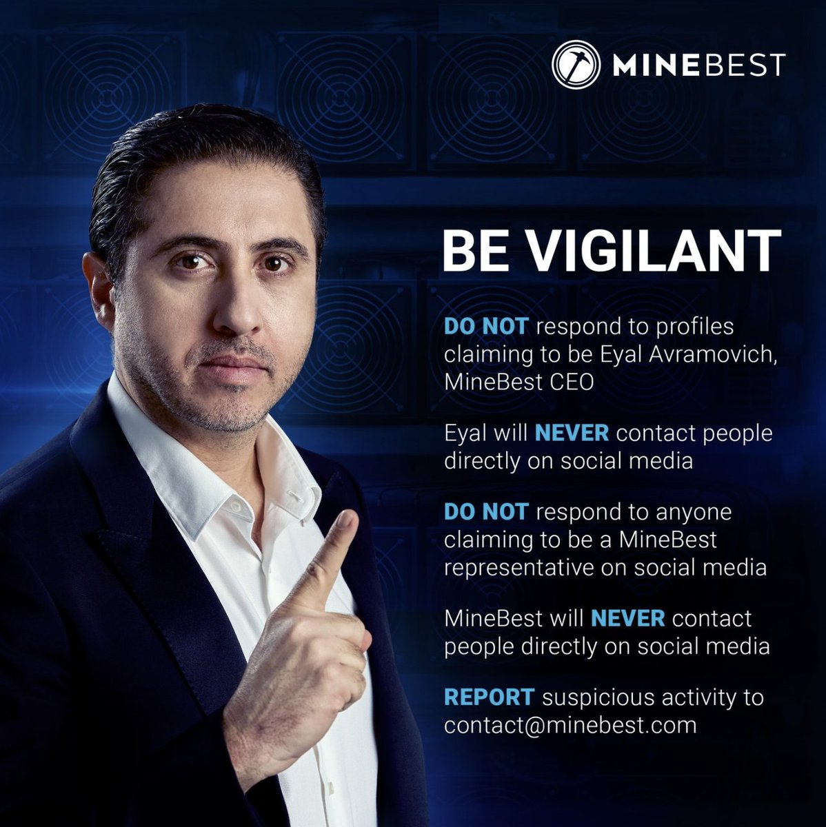 minebest's tweet photo. Dear Community,  

Please be vigilant and aware of any potentially fake profiles or fake representatives of MineBest.  

Follow these recommendations!  

All official social media channels can be found on https://t.co/3LRX7iWLW8 

🚨 There is no MineBest Telegram channel https://t.co/dak50l9KvC