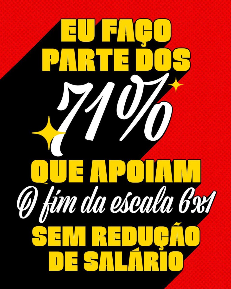 Bom dia! ☀️
Trabalhar 6 dias para descansar 1 não é qualidade de vida.

O trabalhador merece tempo para viver, descansar e estar com a família.

Fim da escala 6x1 sem redução de salário já! ✊