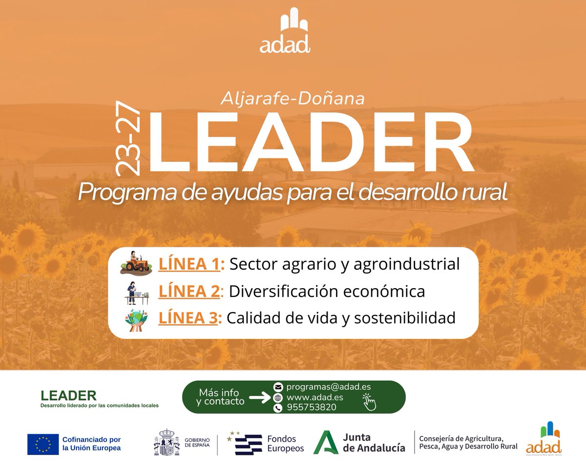 Aljarafe_Donana's tweet photo. 🟠 #LEADER | Continuamos asesorando a personas emprendedoras, empresas y entidades interesadas en impulsar proyectos en el Aljarafe-Doñana.

🌾Iniciativas: ámbito agrario, diversificación económica y calidad de vida.
📊 Programa cofinanciado por el FEADER y la Junta de Andalucía. https://t.co/vyZVeFVg38