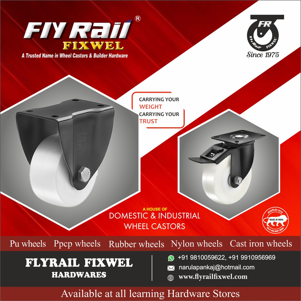 ihsndigital's tweet image. FlyRail Fixwel Castor Wheels.

For Enquiry Via WhatsApp: rebrand.ly/Flyrail

FLYRAIL FIXWEL HARDWARES
Mr. Pankaj Narula +91-9810059622

Web : flyrailfixwel.com
.
.
.
#CasterWheel #IndustrialCaster #WheelCaster #PUCasterWheel #NylonCasterWheel #ihsndigital #delhi #india