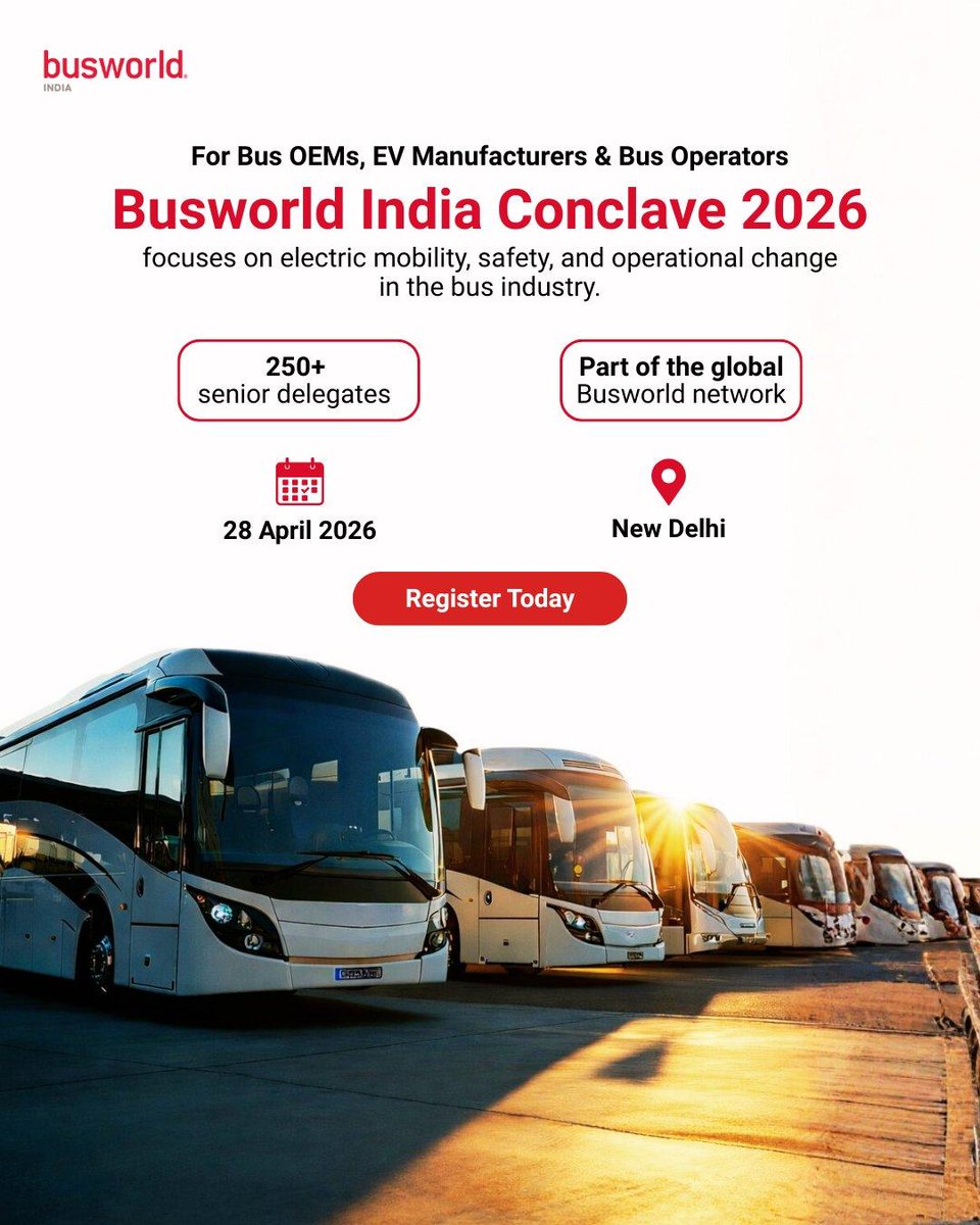 Busworld_indiaX's tweet photo. Bus operators and mobility professionals are invited to the Busworld India Conclave 2026. Engage with OEMs, suppliers, and industry leaders shaping the future of India’s bus mobility ecosystem.
#BusworldIndia #BusIndustryIndia #SmartMobility #PublicTransport #FutureOfBuses https://t.co/VOCfXIXm8U