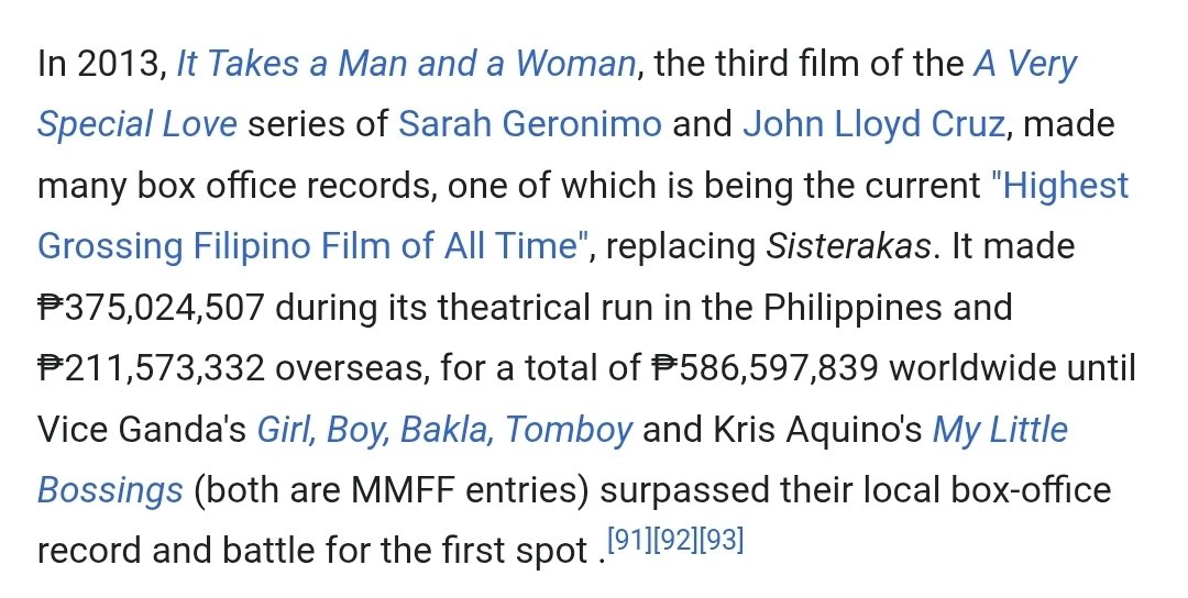 At that time, Star Cinema never release a worldwide gross of their films. Basically, It Takes A Man and A Woman was the Highest Grossing Filipino Film of All Time from 2013 to 2015 if we will  going to combine the total domestic and overseas gross of the movie.