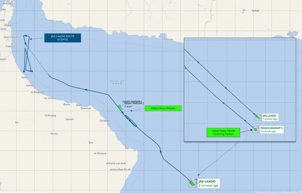 🚨 NOW: Indian-flagged crude oil tanker JAG LAADKI is being escorted out of the Gulf of Oman by the Indian Navy amid ongoing maritime security tensions in the region.

Stay updated, follow, subscribe <a href="/MOSSADil/">Mossad Commentary</a>.