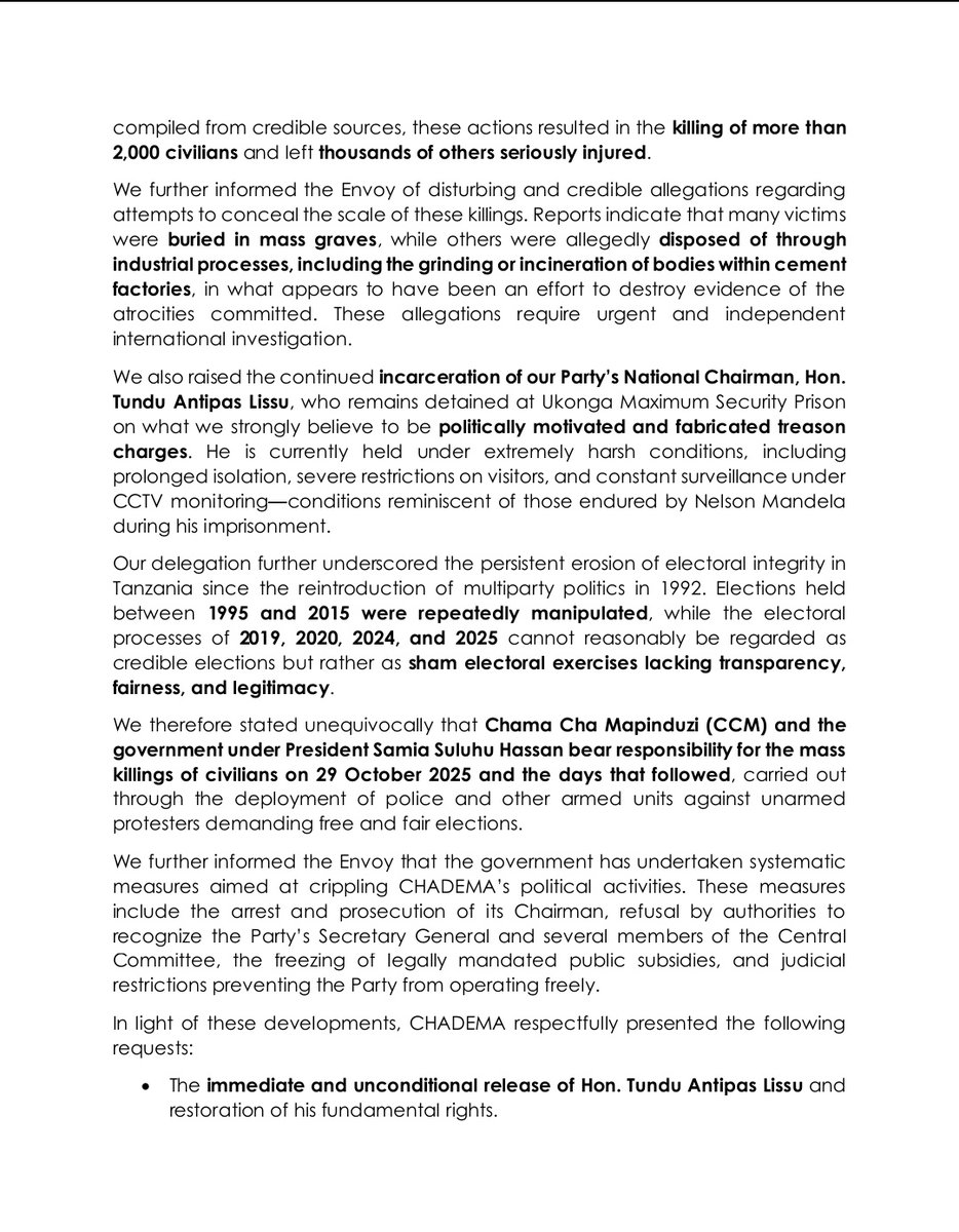 ChademaTZ2's tweet photo. Chadema has formally written to UN Secretary-General António Guterres, expressing concern over whether envoy Parfait Onanga-Anyanga was officially mandated to follow up on the violent suppression of civilian protests before and after 29 October 2025 in Tanzania. https://t.co/B2AT0SsXpX