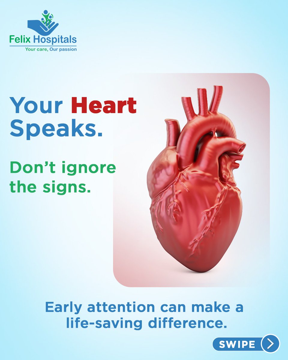 WellnessFelix's tweet photo. Your heart gives signals before it needs help — listening early can make all the difference. Prioritise timely check-ups and informed care for a healthier tomorrow.
#HeartHealth #HeartCare #CardiacHealth #HeartAwareness #HeartDisease #HeartCheckup #WellnessTips #FelixHospital https://t.co/kuiwJS5vfc
