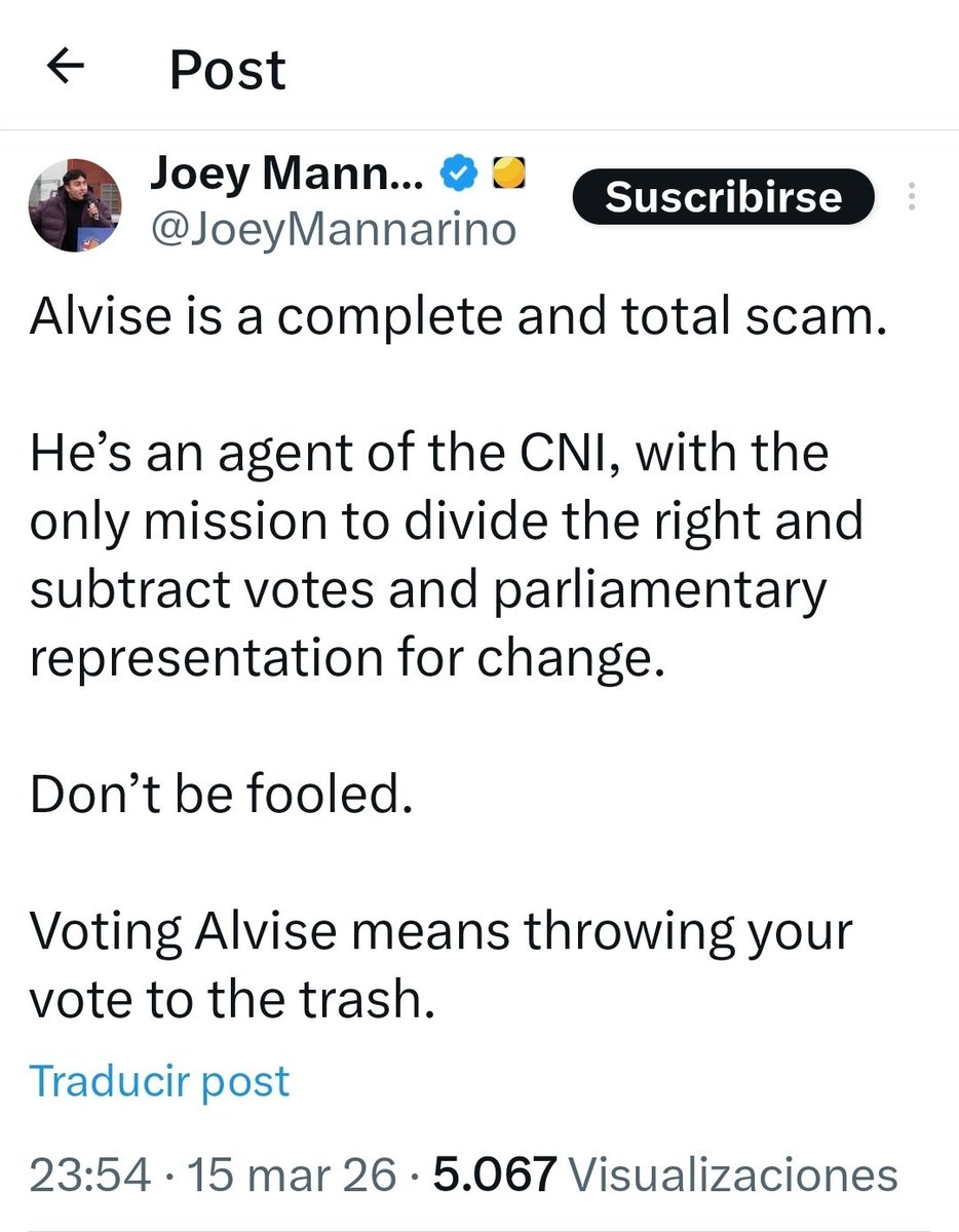 curandero_el's tweet photo. Resulta curioso que un activista conservador estadounidense, conozca mejor al tuitero Alvise, que muchos españoles

Joey Mannarino: «Alvise es una estafa total y completa. Es un agente del CNI, con la única misión de dividir a la derecha y restar votos y representación parlamentaria para el cambio. No se dejen engañar. Votar por Alvise significa tirar tu voto a la basura»