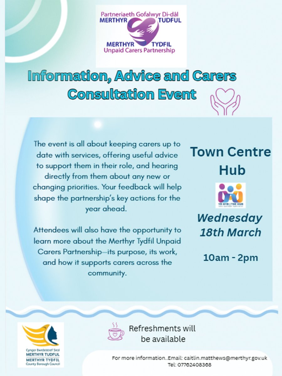 ACMorgannwg's tweet image. Our outreach team  will be in Merthyr on Wednesday supporting this carers event hosted by the Merthyr Tydfil Unpaid Carers Partnership.
Pop along to the Town Centre Hub from 10am–2pm to find out more about the support available for carers.
#carers #merthyr